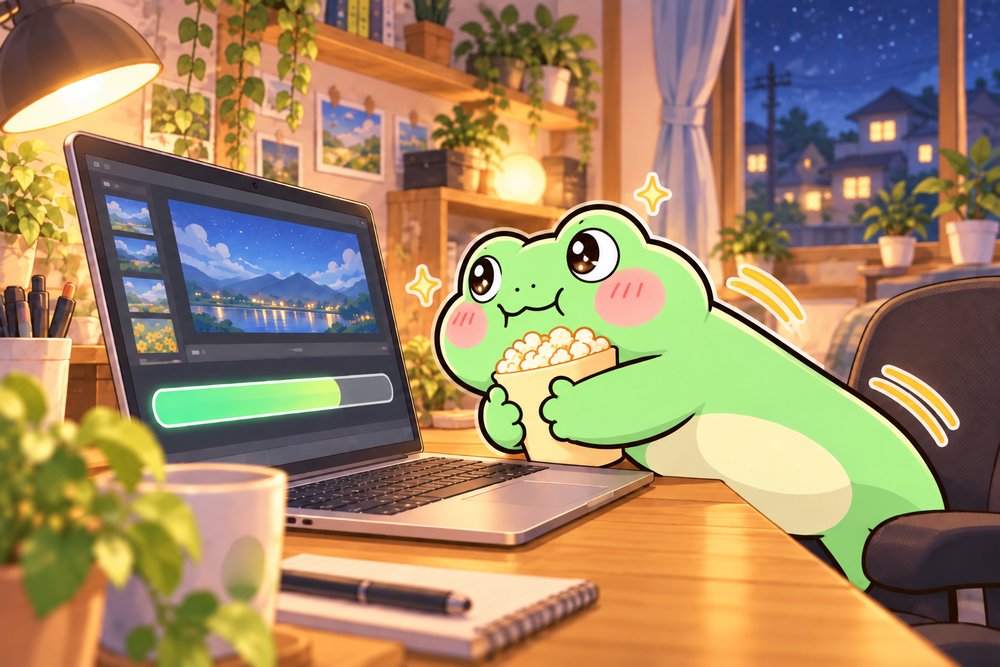 動画の書き出しをわくわくしながら待つナビ助