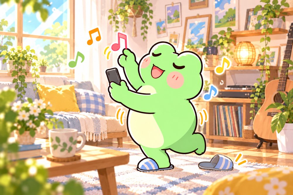 音符をつまんでBGMを入れるカエルのナビ助